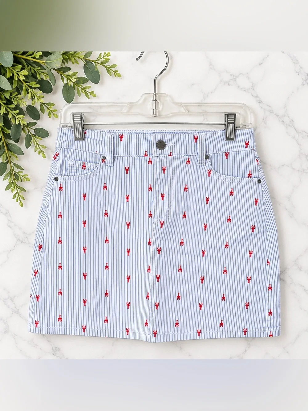 Market & Spruce Lobster Print Pinstripe Mini Skirt Size M Coastal Preppy